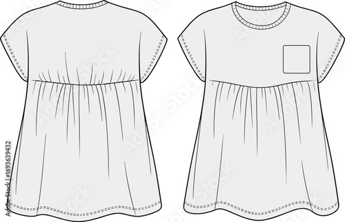 Baby girl dress flat sketch, gathered front, back pleats, short sleeve, round neck, pocket detail, cad vector illustration template
