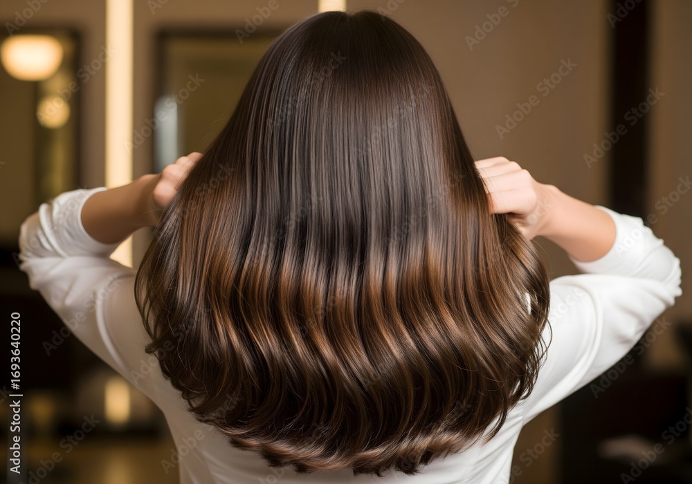 Fototapeta premium Beautiful Brunette Hair Woman with Long, Shiny, Healthy Brown Hair in Salon, Styled Hairstyle.
