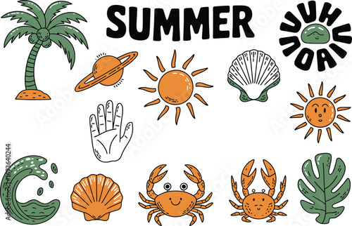 Summer fun awaits with this playful beach and tropical icon set perfect for vibrant designs and creative projects