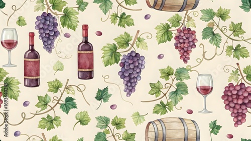 Vintage Style Pattern of Grapes, Wine Bottles and Barrels