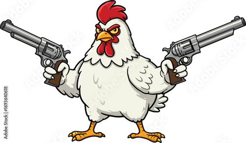 Angry cartoon chicken with guns, funny poultry mascot holding pistols, wild west animal illustration, armed rooster character, humorous aggressive bird with weapons, vector art