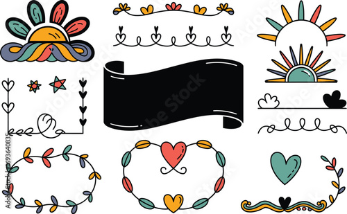 Hand drawn doodle dividers elements for scrapbooking and creative design projects with suns and hearts