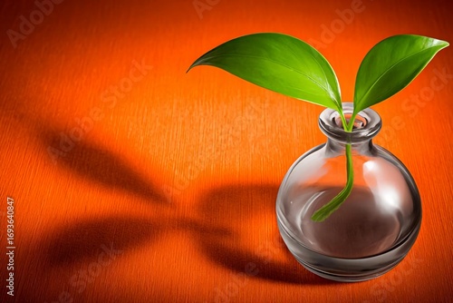 Green Plant in Glass Vase on Orange Background with Soft Shadows -  Copy space