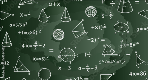 An academic collage of geometric shapes and algebraic formulas sketched in white chalk on a dark green chalkboard, representing the world of mathematics and education