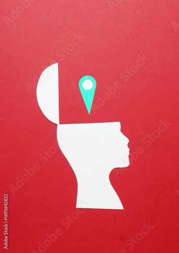 Paper cut head silhouette and Geolocation Maps Marker point icon on red background.