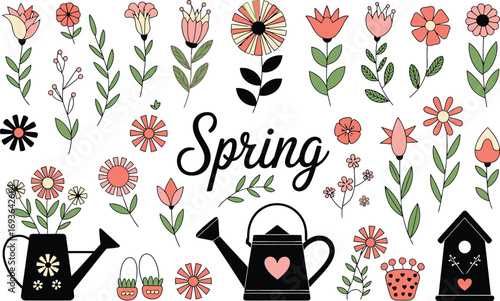 Welcome spring with these cheerful flowers in pots and watering cans ready for gardening projects