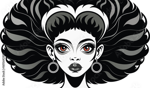 Stylized portrait of a woman with dramatic black hair and red eyes