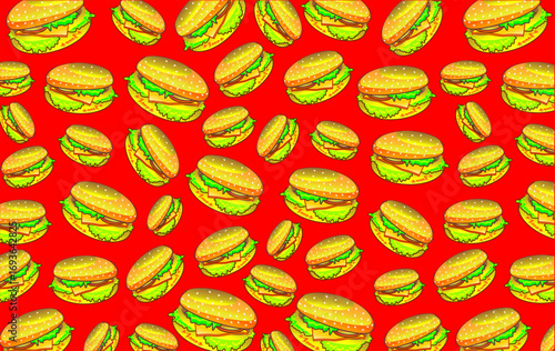 Doodle burger pattern background. Seamless pattern of burger. Doodle cheese burger of hamburger pattern background. Burger pattern. Vector illustration.