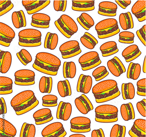 Doodle burger pattern background. Seamless pattern of burger. Doodle cheese burger of hamburger pattern background. Burger pattern. Vector illustration.