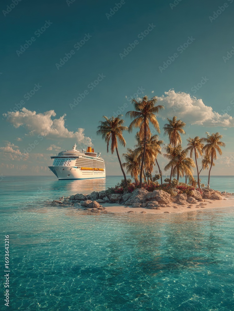 Fototapeta premium Tropical island paradise with cruise ship