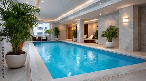 Wallpaper Mural Indoor swimming pool with blue water, surrounded by potted plants and deck chairs Torontodigital.ca