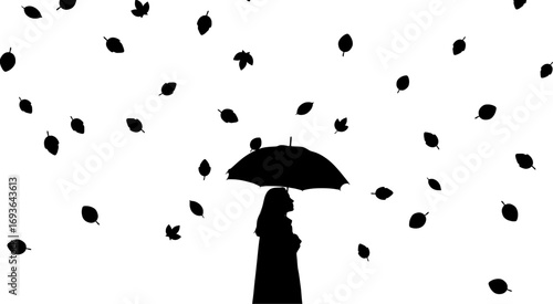 Minimal black silhouette of a person holding an umbrella with falling leaves.