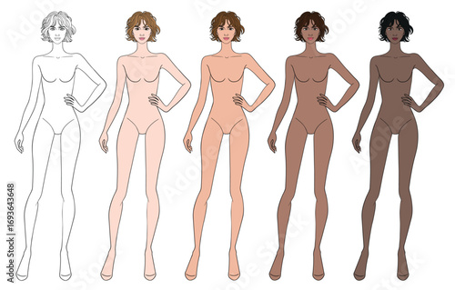 Colored skin tones fashion croquis figurines hand on hip with short piece y bob  hairstyle woman in vector.