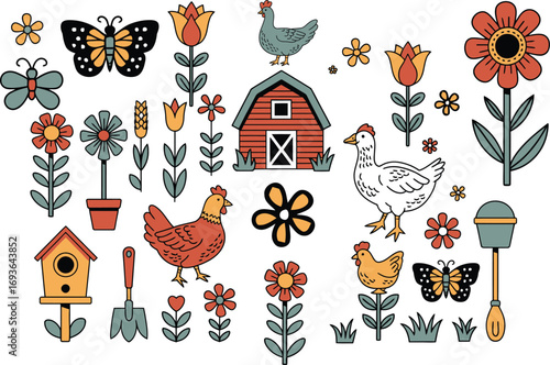 Charming farm life elements with chickens, butterflies, flowers and barn create a lovely rustic scene