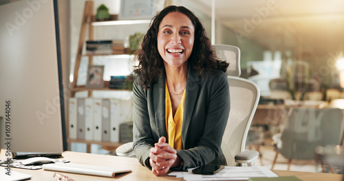 Tableau sur toile Computer, smile and portrait with business woman in office for research, credit risk analyst or planning