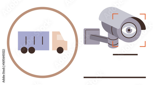 Freight truck inside circle paired with surveillance camera, suggesting transport security. Ideal for logistics, delivery, monitoring systems, supply chain, safety, technology, simple flat metaphor