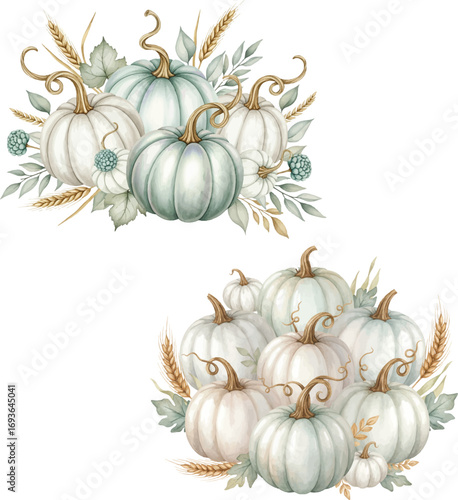 Watercolor Autumn Pumpkin Arrangement with Wheat and Leaves.

