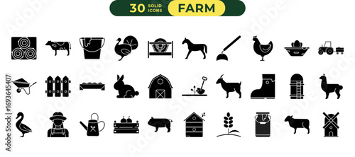 Livestock Farming Solid Icon Set | Vector Graphic | Agriculture, Barn, Hay Bale, Cattle, Poultry, Sheep, Pig, Goat, Horse, Tools, Feeding, Rural Life, Animal Husbandry, Farm Management