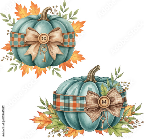 Thanksgiving Pumpkin with Rustic Burlap Bow and Fall Foliage.