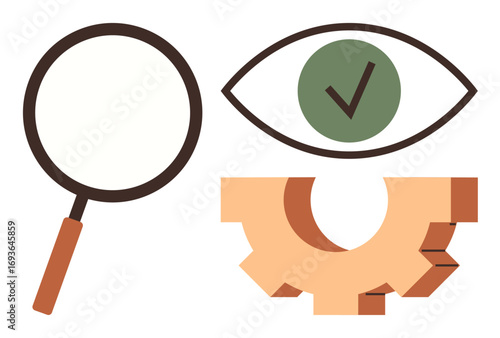 Magnifying glass, eye with green checkmark, and gear combine to represent investigation, validation, and process optimization. Ideal for research, productivity, quality control, strategy innovation