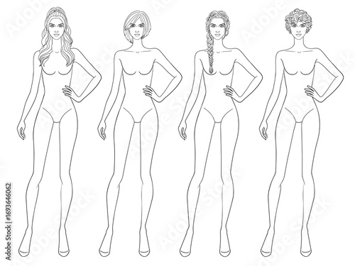 Fashion outline sketch croquis figurines female body with hand on hip different hairs in vector.