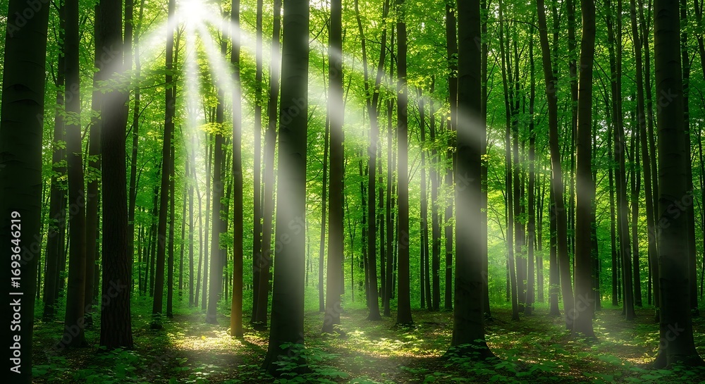 Obraz premium Sunlight Beaming Through Green Forest Trees in Summer