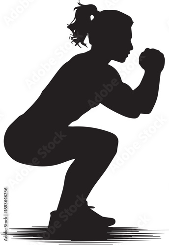Female fitness athlete silhouette performing a squat exercise for strength training and health