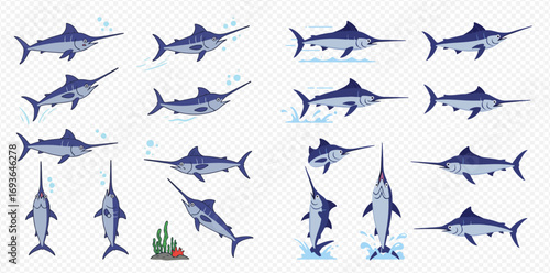 Vector illustrations of swordfish in various swimming and jumping poses with water splashes and bubbles.