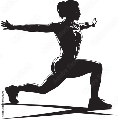 Dynamic fitness silhouette of a woman performing a powerful lunge exercise with arms extended