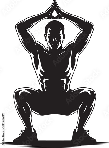 Dynamic fitness silhouette of muscular man performing squat exercise with arms raised