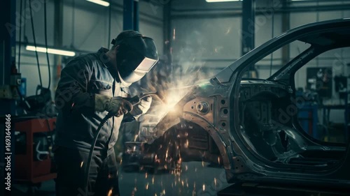 Worker welding metal car body part