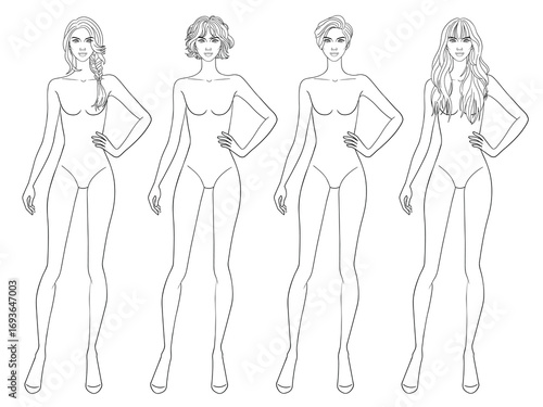 Fashion outline sketch croquis figurines female body with hand on hip different hairs in vector.