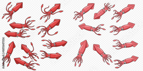 Cartoon red squids with tentacles arranged in various orientations on a transparent background.