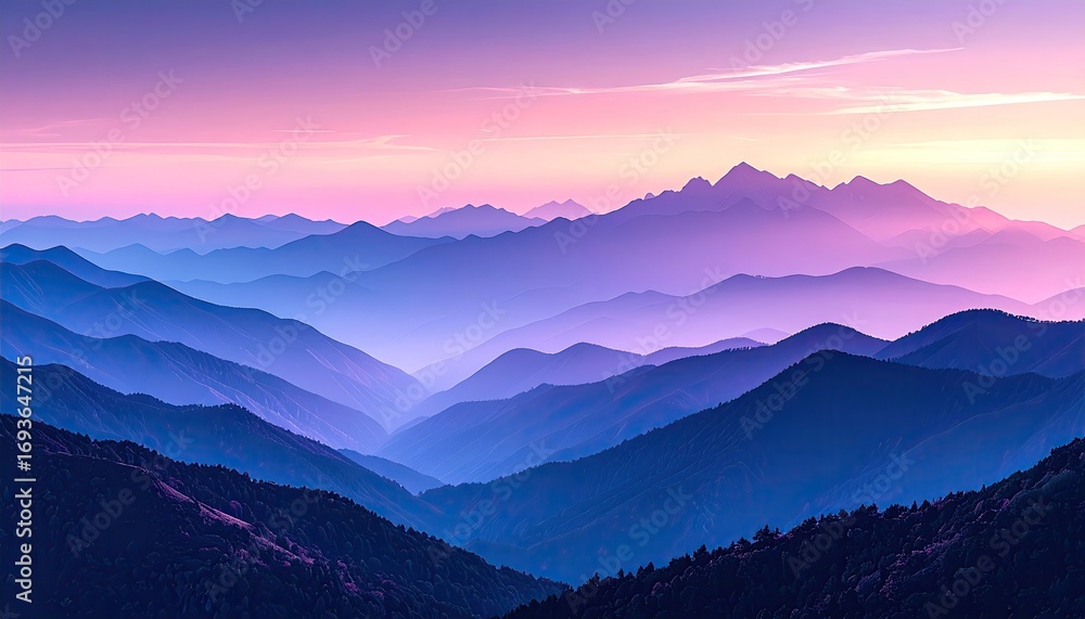Fototapeta premium Vast mountain ranges bathed in a pastel sunset. Misty, layered peaks in purples, pinks, and blues
