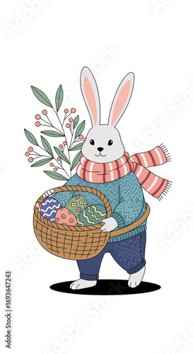 A charming easter bunny carries a wicker basket filled with colorful decorated eggs adorned with a warm scarf and green foliage