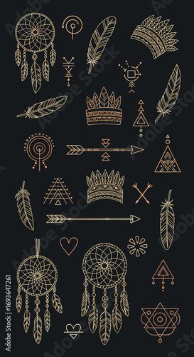 Collection of golden ethnic geometric tribal ornaments and symbols on dark background
