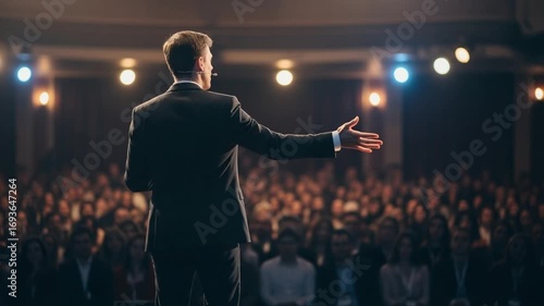 Man in suit giving a presentation on stage to a large audience under bright lights in a dark room