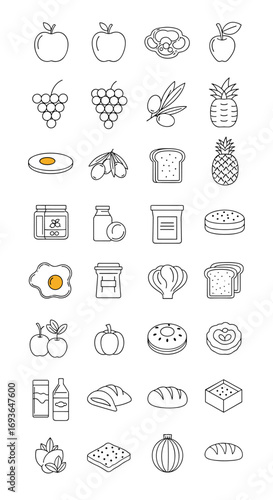 A collection of healthy food icons representing fresh produce and staple goods