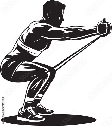 Muscular fitness athlete silhouette performing resistance band squats for strength training and exercise