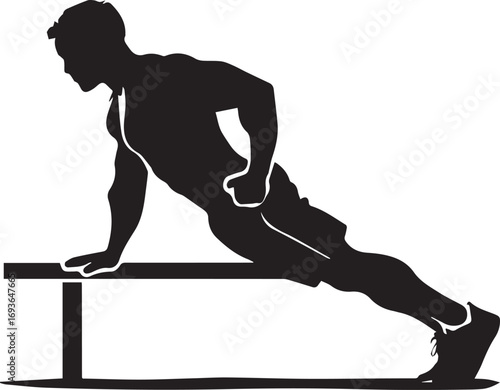 Fitness athlete silhouette performing calisthenics exercise on parallel bars athletic workout dynamic pose