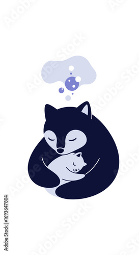 A gentle fox embraces a small creature dreaming sweet dreams of bubbles and peace