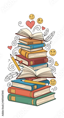 A towering stack of open books filled with love learning and joyful moments