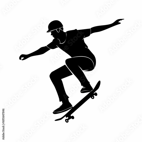 Dynamic skateboarder performs aerial trick with intense focus and athletic grace, capturing thrill