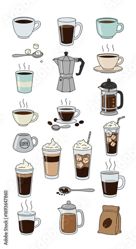 Collection of delicious hot and cold coffee drinks for your morning ritual