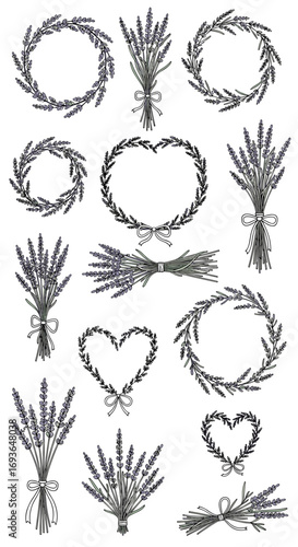 Beautifully hand drawn lavender wreaths bouquets and heart shaped arrangements perfect for delicate floral designs