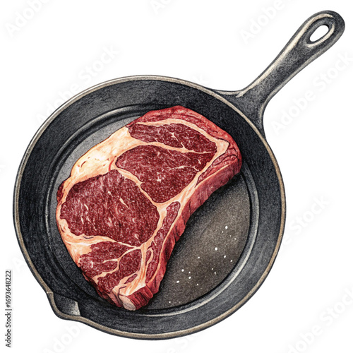 Juicy raw ribeye steak seasoned with salt in a cast iron skillet ready for cooking a delicious meal