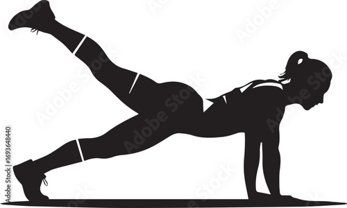 Silhouette of fit woman performing plank exercise with one leg extended for core strength workout