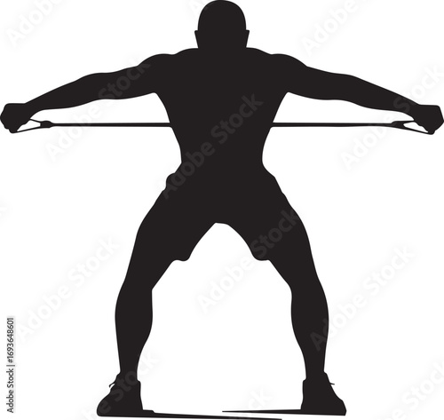 Strong muscular man silhouette exercising with resistance band for fitness training