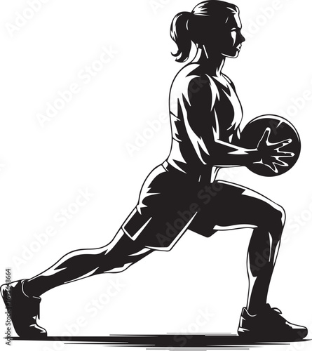 Athletic woman silhouette performing medicine ball lunge exercise focused fitness concept