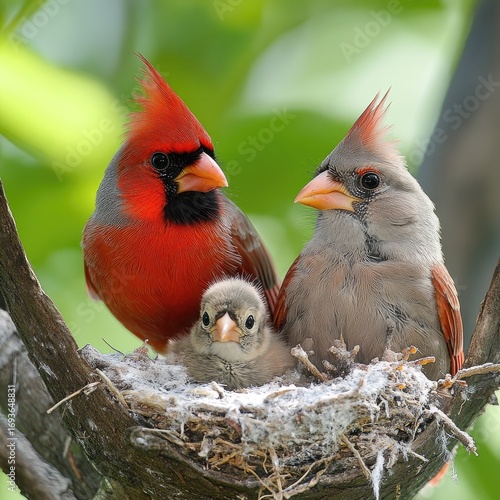 A family of Northern Cardinals in a nest.  Two adult birds, one bright red and the other gray, are perched beside a smaller